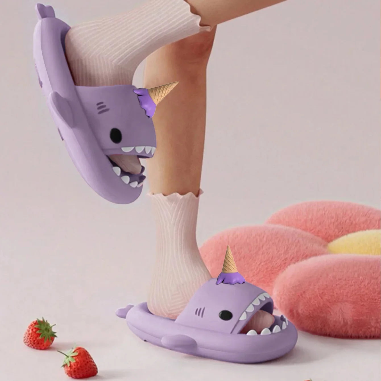 Summer Ice Cream Shark Slippers for Couples Cute Anti-Slip Thick Sole Indoor Bathroom Slides Men Women Beach Street Sandals
