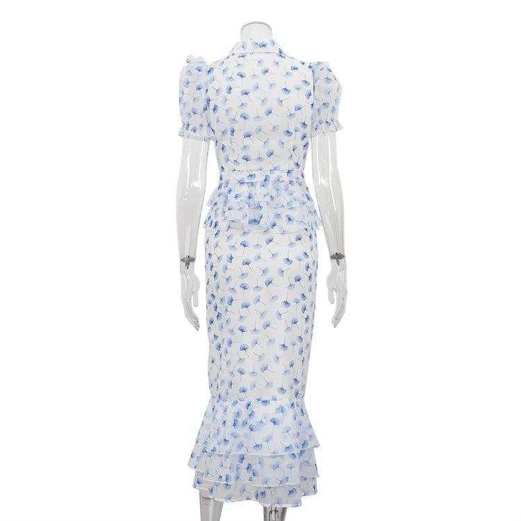 FDYOUI V-neck Short Sleeve Single Breasted Ruffles Blouse Tops+Mermaid Skirts Suits Elegant Floral Print Midi Dress 2 Piece Set
