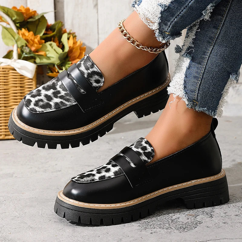 Fashion Leopard Print Platform Loafers Women Plus Size 43 Slip On Pu Leather Shoes Woman Comfort Thick Bottom Office Work Shoes