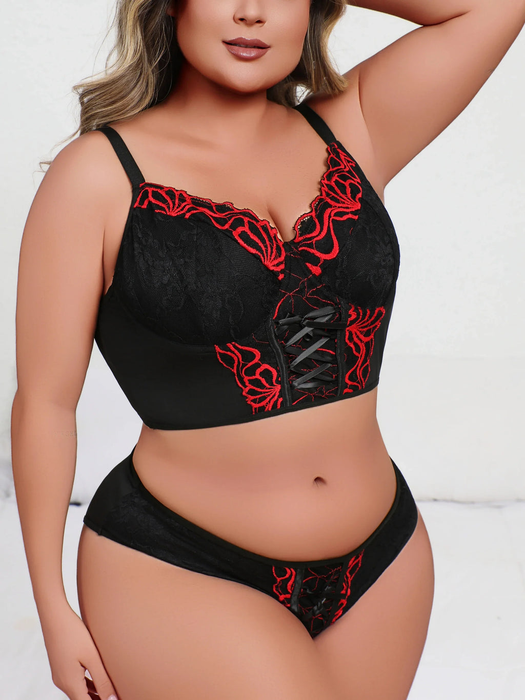 Plus Size Minimizer Lingerie Set, Sexy Side-smoothing Full Support Cami Bra & Panty