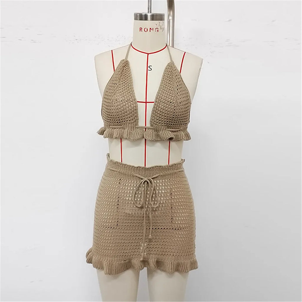Sexy Halter Hollow Out Beach Skirt Bikini Female Swimsuit Women Swimwear Two-pieces Bikini set Bather Bathing Suit Swim K6782