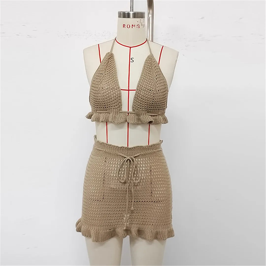 Sexy Halter Hollow Out Beach Skirt Bikini Female Swimsuit Women Swimwear Two-pieces Bikini set Bather Bathing Suit Swim K6782