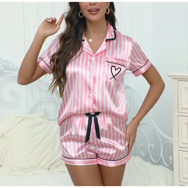 Ladies' Summer Striped Embroidered Love Victoria Style Pajama Set Short Sleeve Top Short Pants Casual  Two Piece Home Clothing