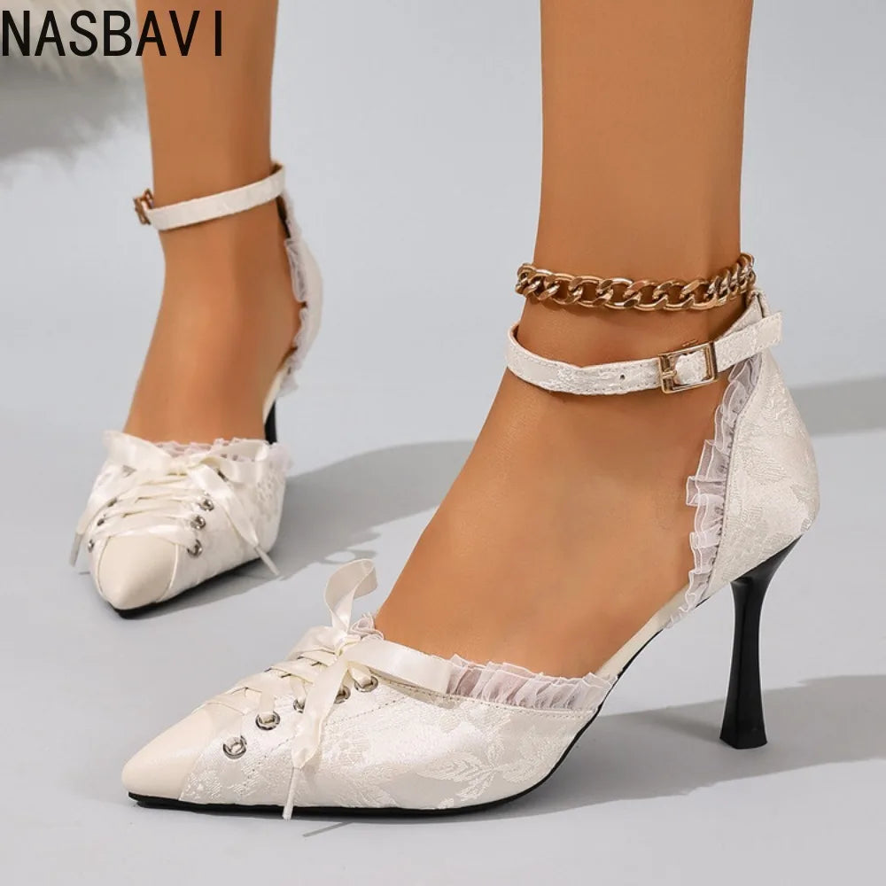 Spring Women's Sandals Pointed Toe Thin Heels 8cm Ankle Buckle Strap French Lace Up Ladies Pumps Dress Shoes Sandals New 2026