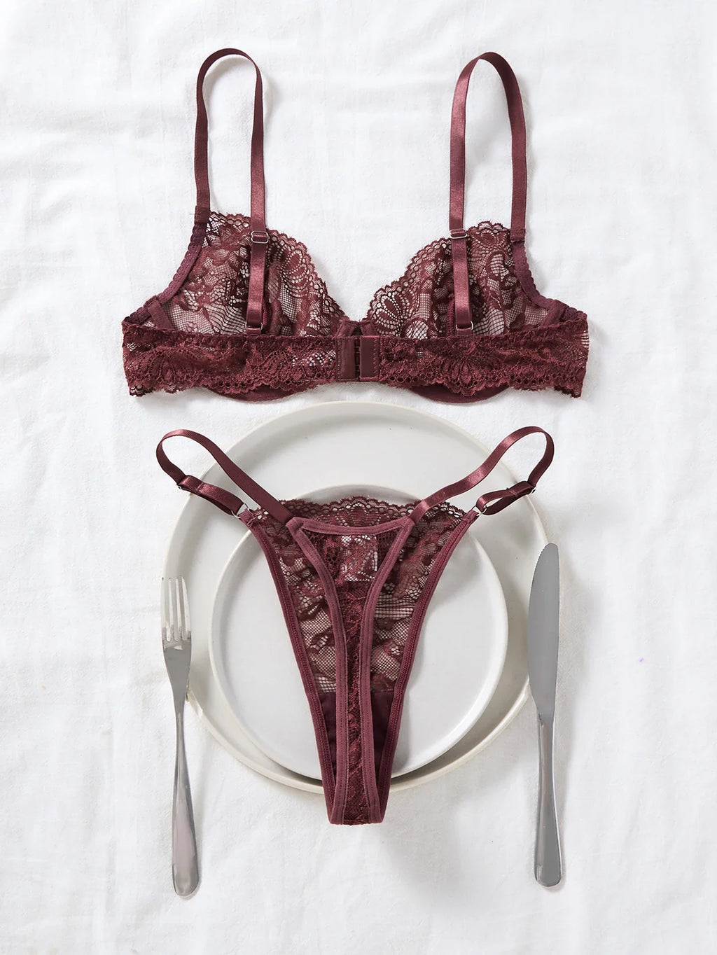 Deep Brown Lace Sexy Deep V Bra And G-string Transparent Hollow Design Women's Underwear Set Costume/Intimate Wear