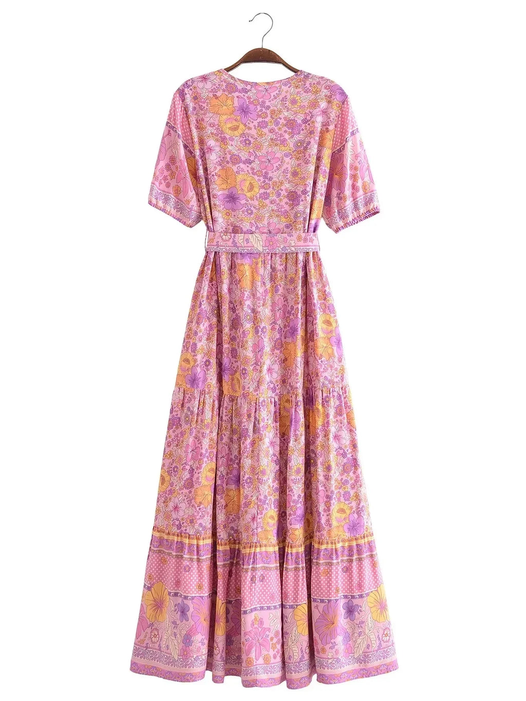 Foridol Single Breasted Bohemian Holiday Summer Women Dress Belt Casual Loose Maxi Floral Dress Short Sleeve Long Viscose Dress