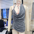 Women's Summer Solid Color Halter Tank Tops Button Detail Backless Loose Fit Ruched Sleeveless Vest for Beach, Party
