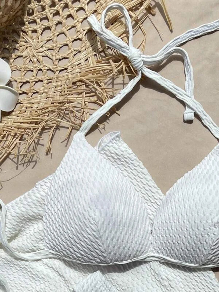 With Beach Sarong Bra Cup Wrinkled Bikini Female Swimsuit Women Swimwear Three-pieces Bikini Set Push Up Bathing Suit Swim Lady