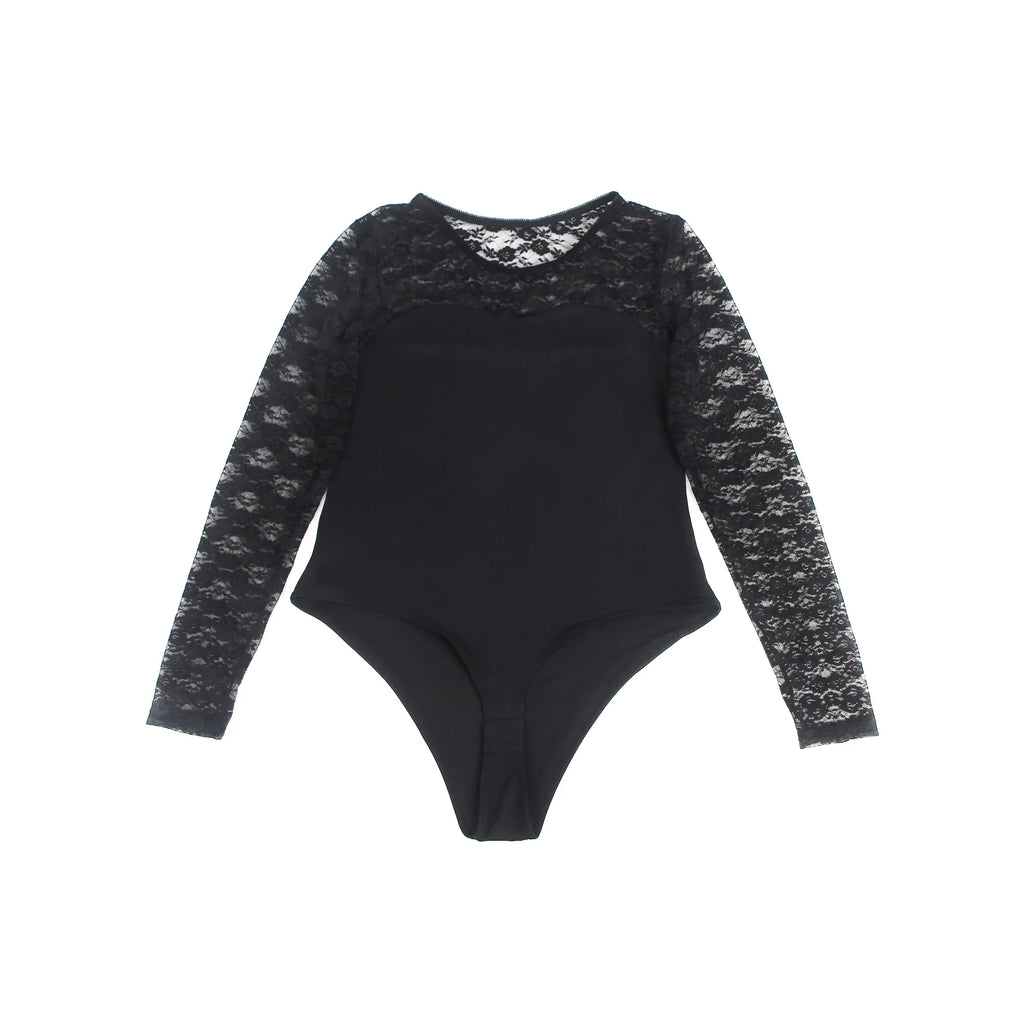 Black Lace Long Sleeve Open Crotch Bodysuit for Women Sheer Mesh Teddy Lingerie Push Up Swimwear Fabric Sexy Jumpsuit