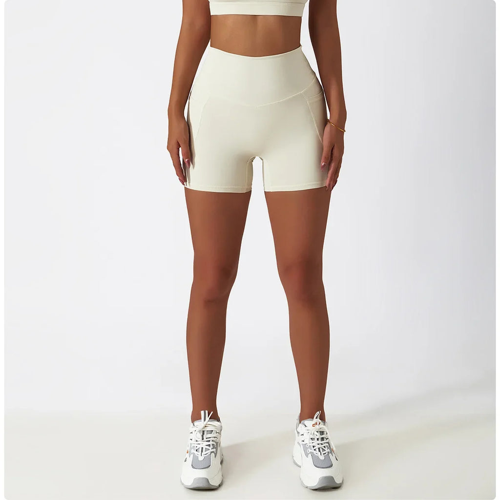 Comfortable Skin Friendly Summer High Waist Yoga Shorts Gym Hip Lift Pants Pocket Breathable Running Cycling Sports Shorts Women