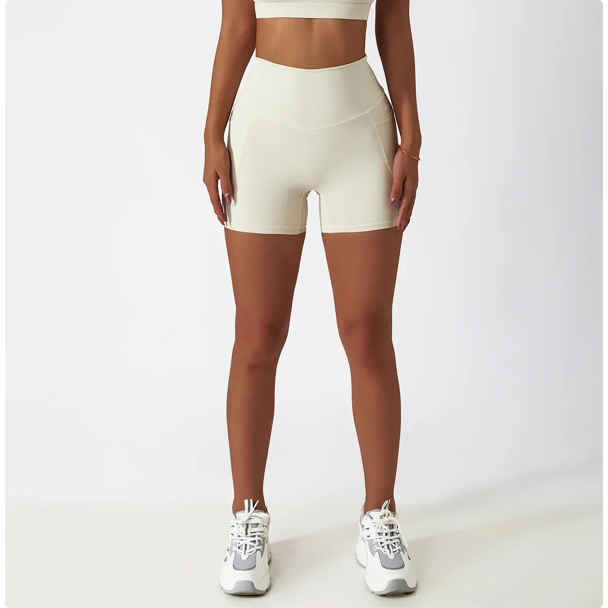 Comfortable Skin Friendly Summer High Waist Yoga Shorts Gym Hip Lift Pants Pocket Breathable Running Cycling Sports Shorts Women