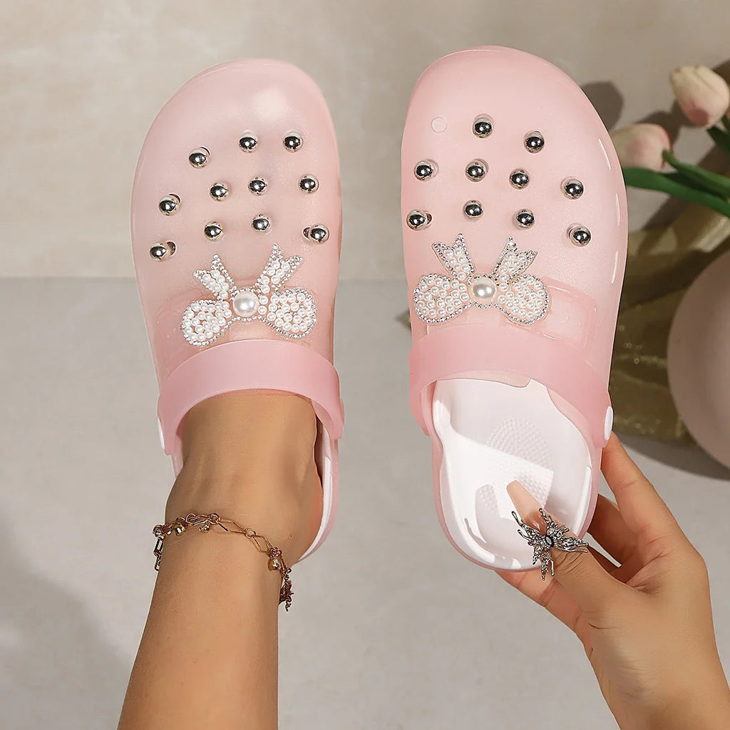 Pearls Bow Decor Platform Mules Sandals Women 2026 Anti Slip Sole Slip On Clogs Shoes Woman Breathable Thick Botom Beach Sandles