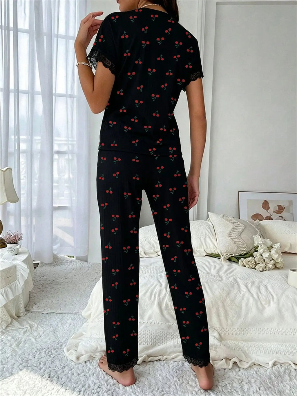 Women Sleepwear Black Lace Trim Cherry Print 2 Piece Pajamas Set Short Sleeve Top & Full-Length Pants Homewear
