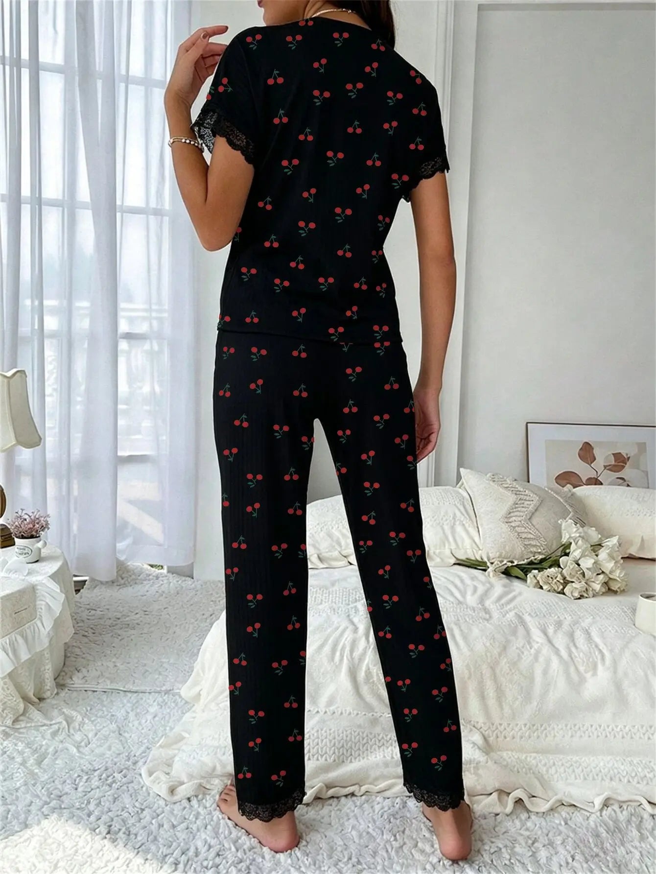 Women Sleepwear Black Lace Trim Cherry Print 2 Piece Pajamas Set Short Sleeve Top & Full-Length Pants Homewear