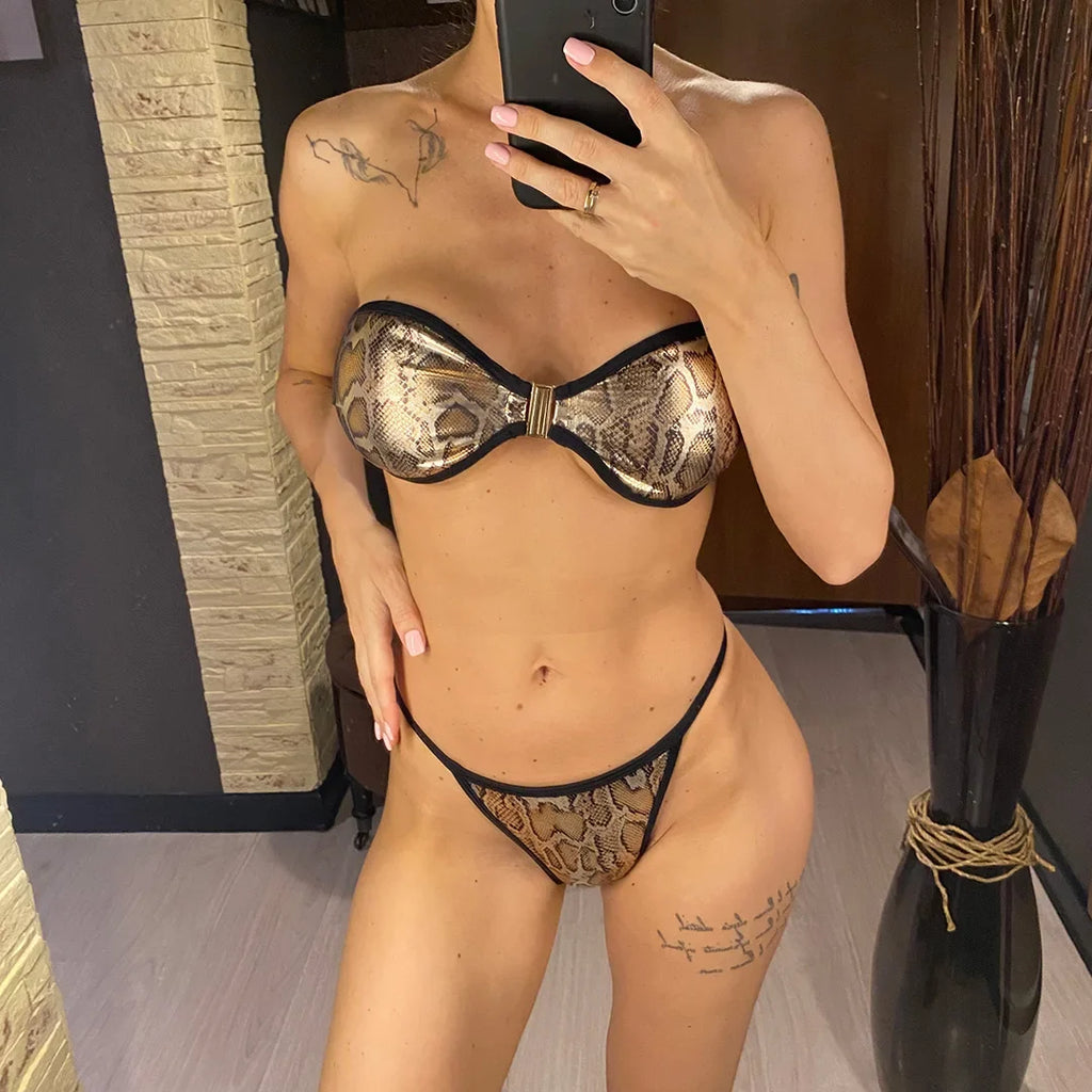 Snake Skin Printed Bandeau High Cut Bikini Female Swimsuit Women Swimwear Two-Pieces Bikini Set Bather Bathing Suit Swim V5344