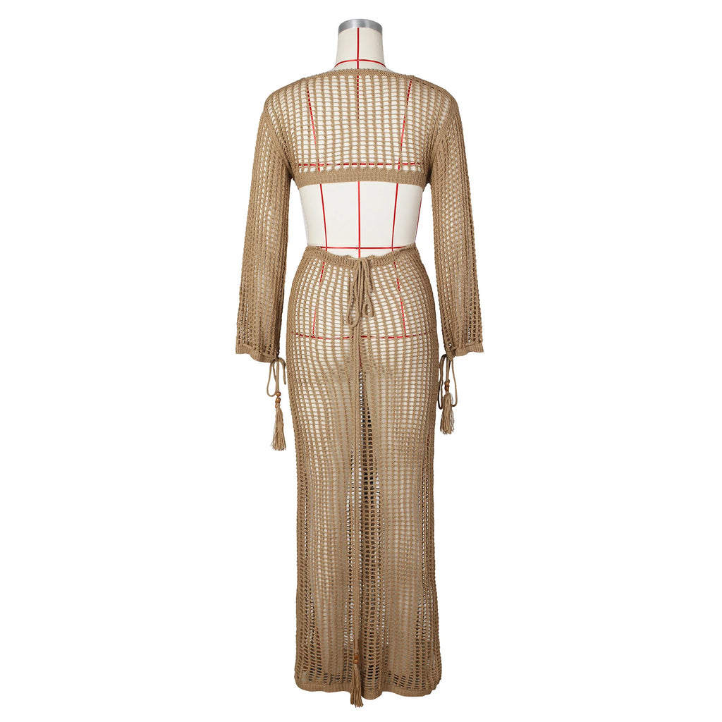 DEKA New Sexy Knit Mesh Cut Out Deep V Neck Long-sleeve Lace-up Fringe Tunic Summer Women Swimsuit Cover-ups Beach Maxi Dress