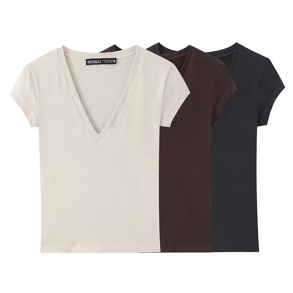 Women's Short-Sleeve Slim-Fit Simple V-Neck T-Shirt Colors Women V Neck Slim Fit Short Sleeve T Shirt Casual Top For Summer K1LO