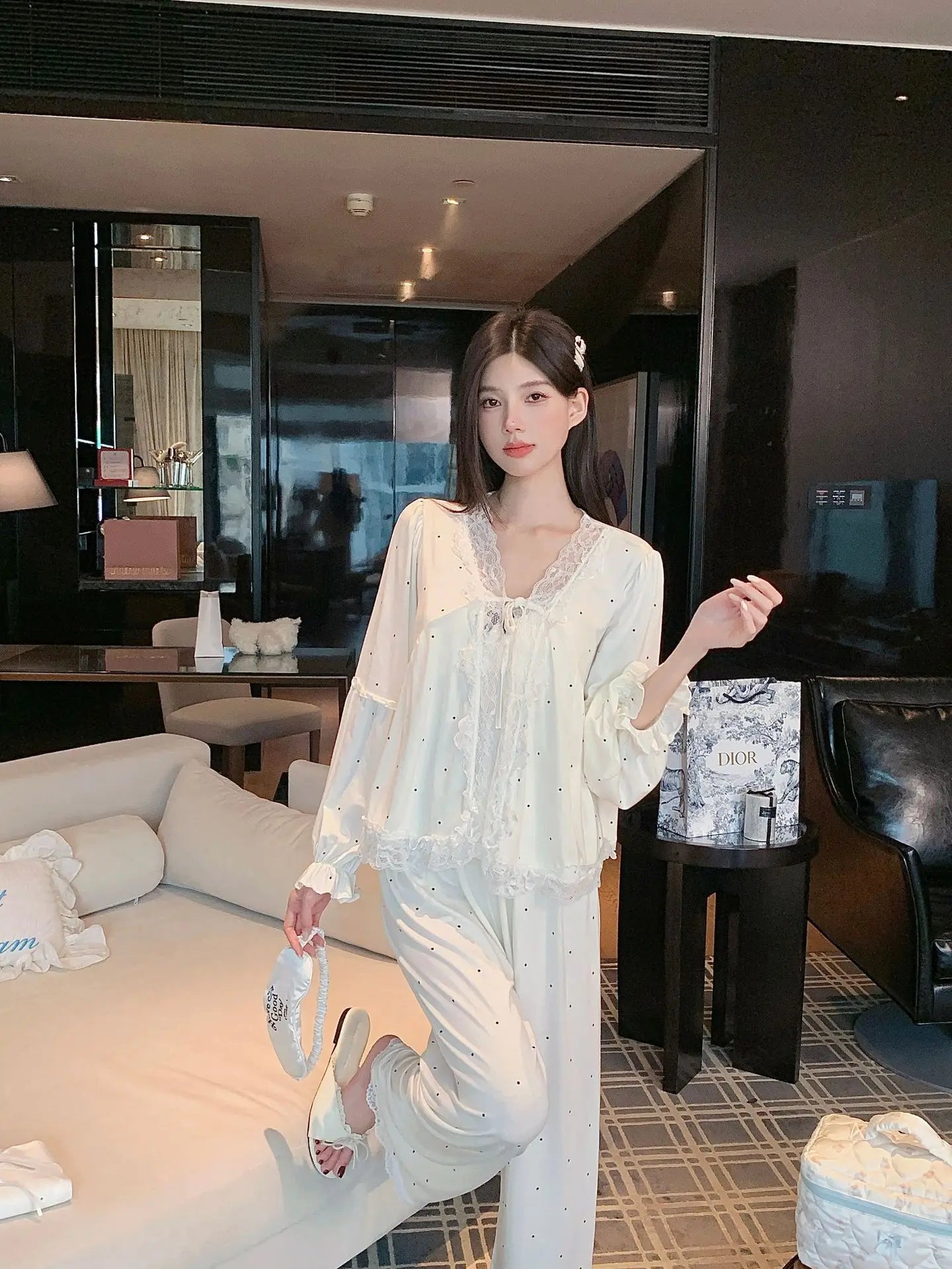 Women's spring and summer modal pajamas, comfortable three-piece home wear set with chest pad