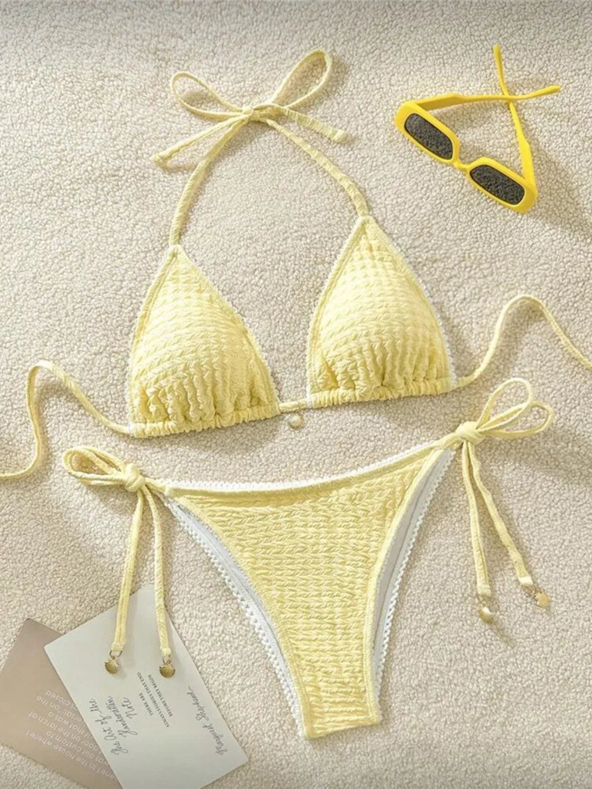 High Cut Leg Two-Pieces Bikini Set Bather Bathing Suit Swim Wrinkled Crinkled Halter Bikini Women Swimwear Female Swimsuit M125