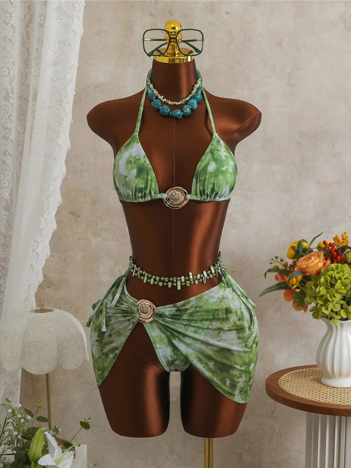 3PCS New With Skirt Tie Dye Halter Bikini Women Swimwear Female Swimsuit Bather Bathing Suit Swim Three-pieces Bikini set K8069