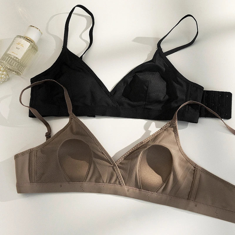 French Triangle Bra Small Bust Rabbit Ear Cup Anti-Protrusion Wirefree Comfort Summer Thin Lace Push Up Gathering Bralette S-XL
