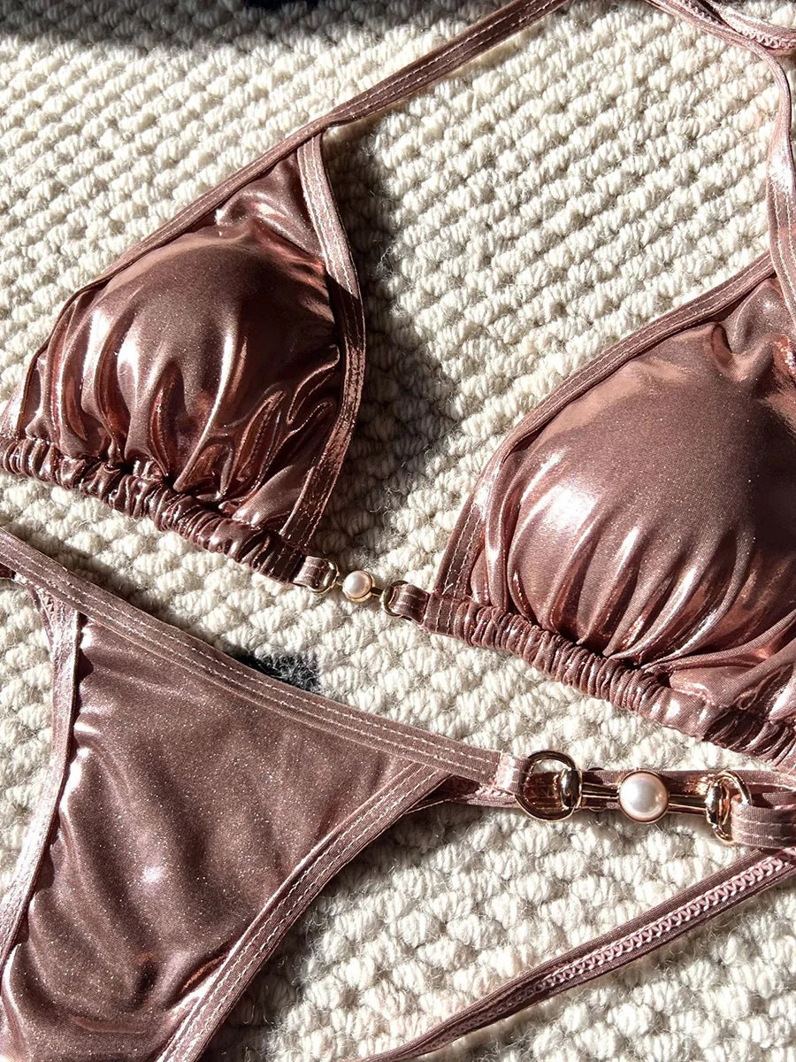 PU Leather Pearls Bikini Mini Micro Thong Bikinis Women Swimwear Female Swimsuit Two-piece Bikini Set Halter Bathing Suit Swim