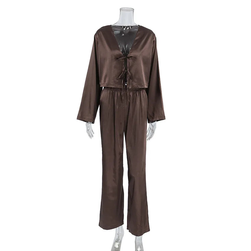 2026 New Women's Home Clothes Open Cardigan Belted Sleepwear Loose Long Sleeve Long Pant Smooth Comfort Spring Street Style