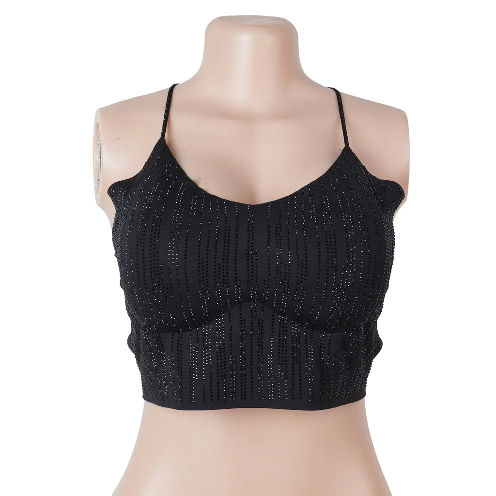 Black Rhinestone Camisole for Women Sexy Slim Fit Seamless Backless Short Top Night Out Clubwear