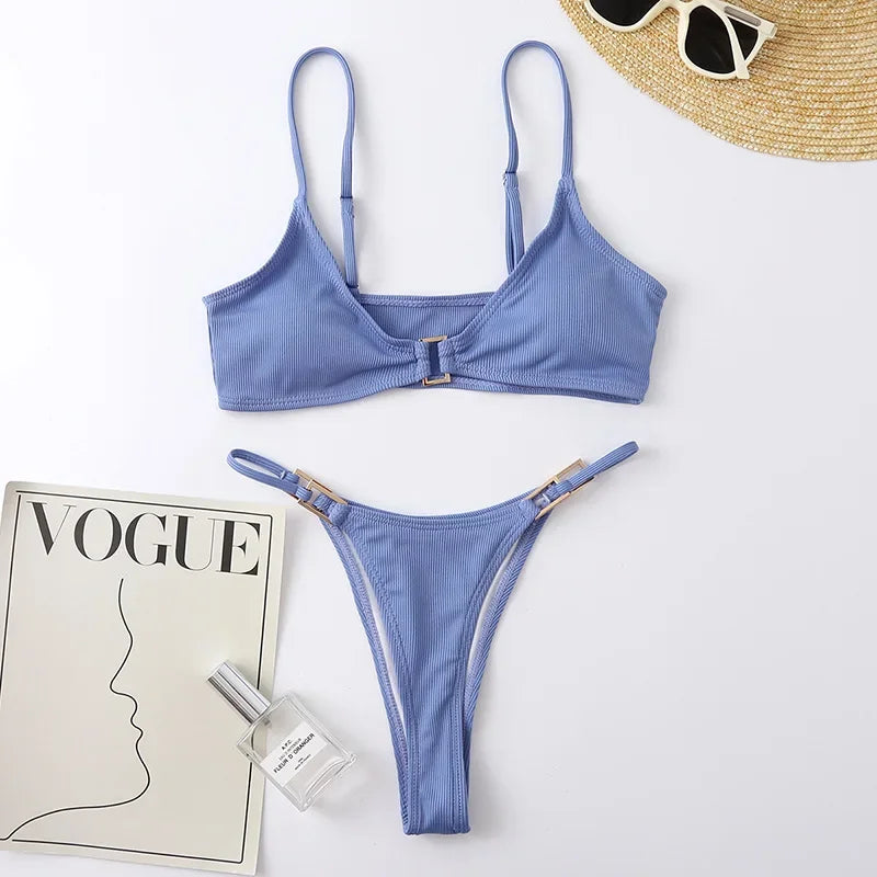 Sexy Ribbed Metal Rings High Cut Bikini Female Swimsuit Women Swimwear Two-pieces Bikini Set Micro Thong Bathing Suit Swim Lady