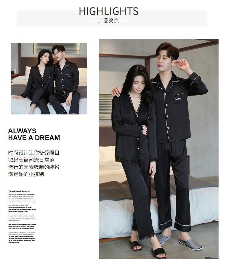 Spring and summer ice silk pajamas sexy lace long-sleeved cardigan home wear set