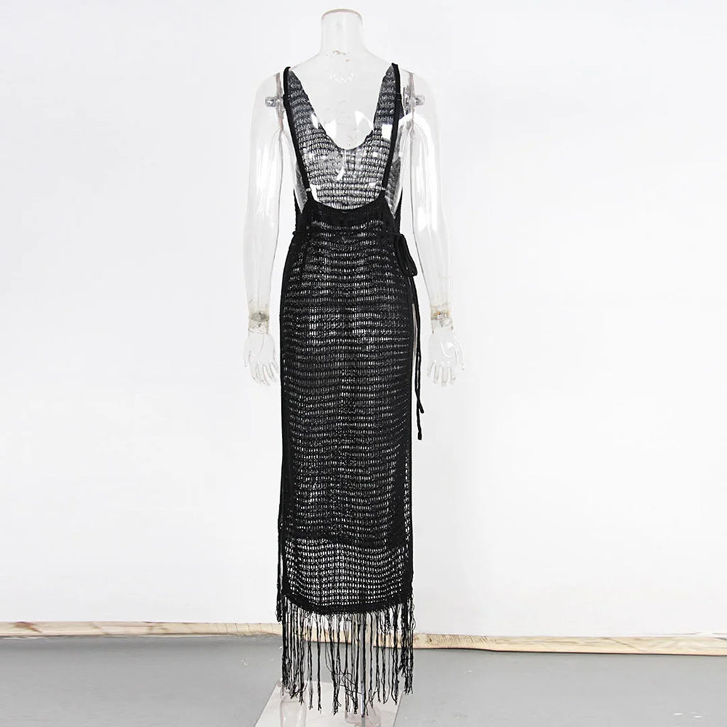 New Sexy S - XL Fringe Tassel Knitted Crochet Tunic Beach Cover Up Cover-ups Beach Dress Beach Wear Beachwear Female Women V3791