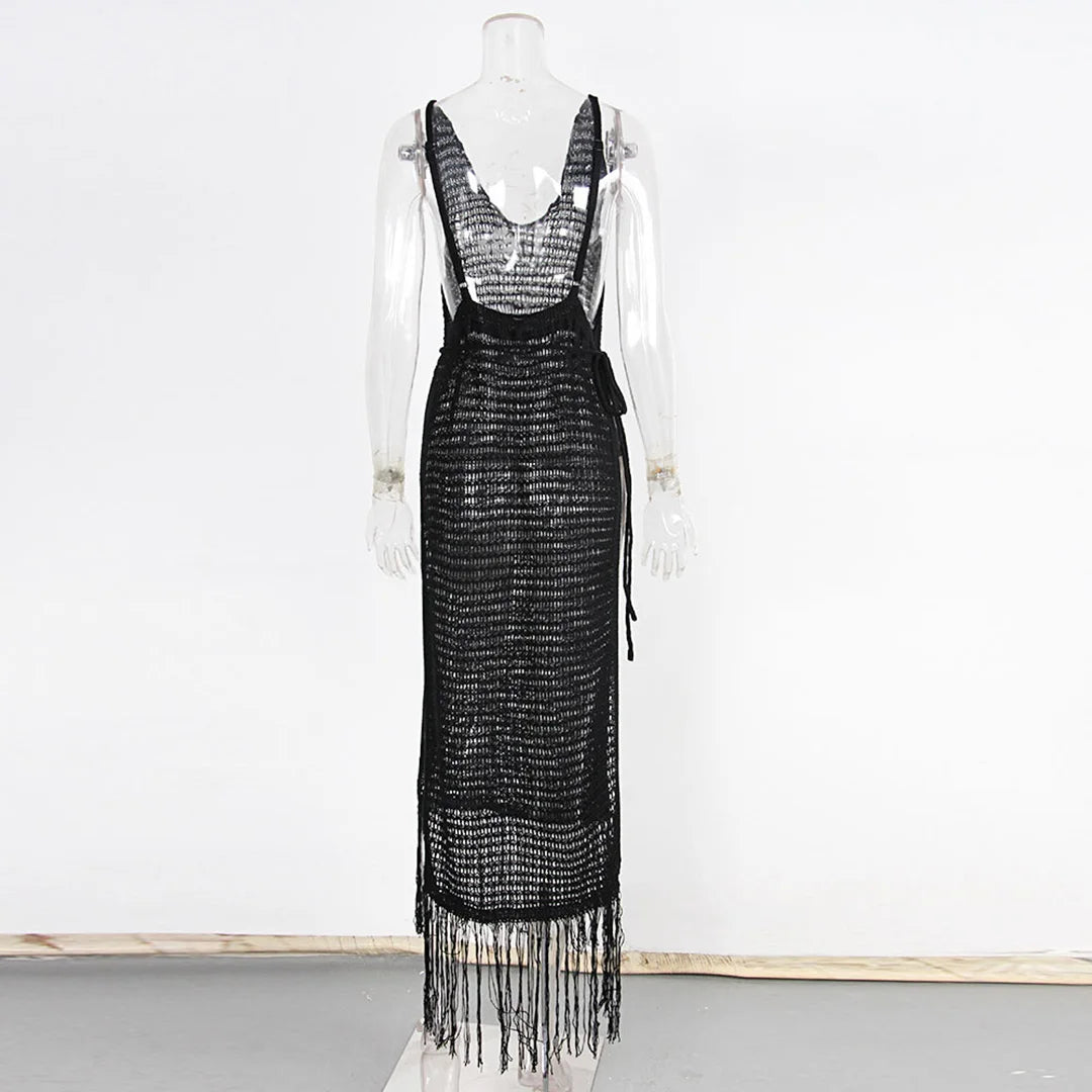 New Sexy S - XL Fringe Tassel Knitted Crochet Tunic Beach Cover Up Cover-ups Beach Dress Beach Wear Beachwear Female Women V3791
