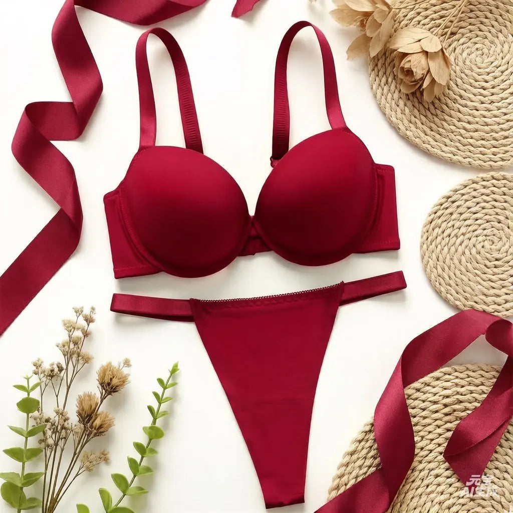 Thickened chest cushion, gathering and lifting underwear set red sexy 2-piece set preferred for dating and gift giving B2051