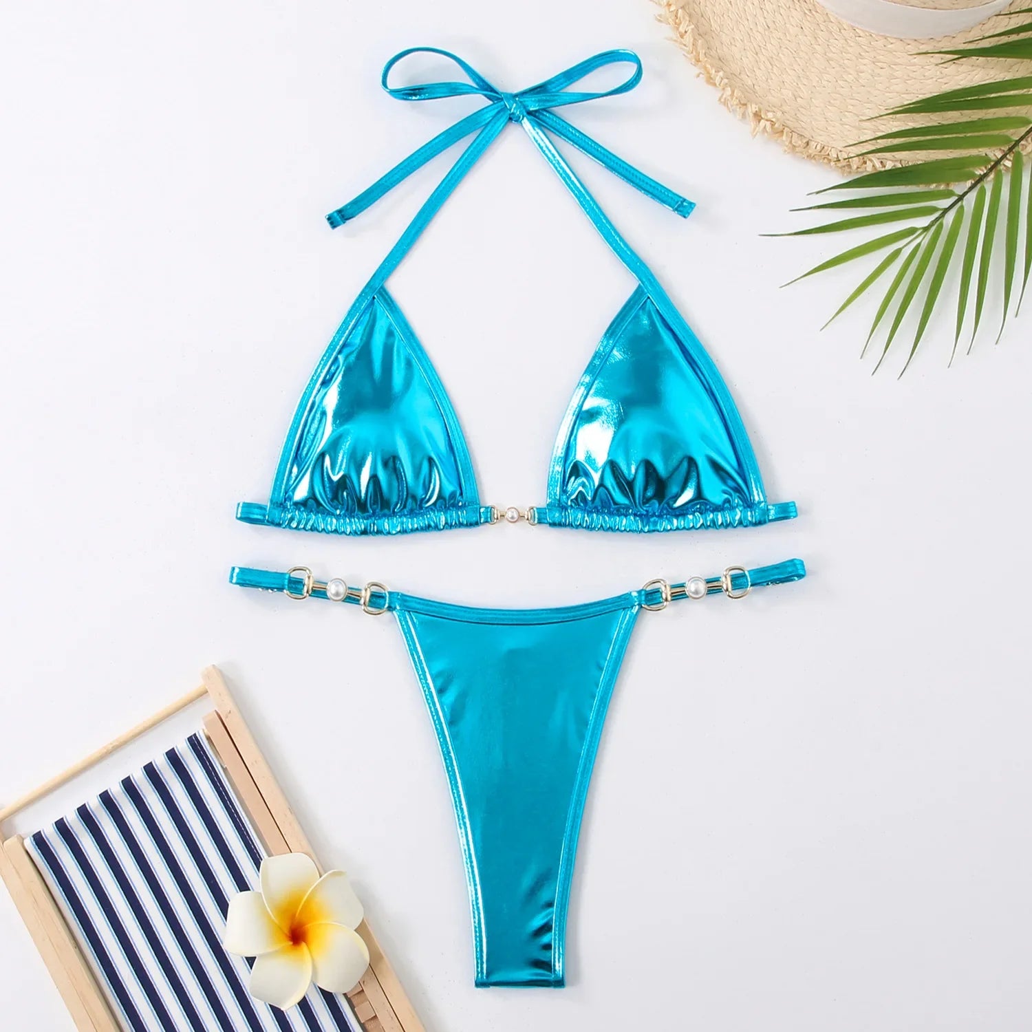 PU Leather Pearls Bikini Mini Micro Thong Bikinis Women Swimwear Female Swimsuit Two-piece Bikini Set Halter Bathing Suit Swim