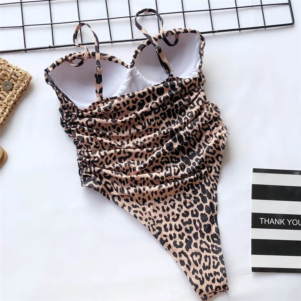 New Sexy High Cut Leopard Push Up Bra Cup One Piece Swimsuit Female Swimwear Women Bather Bandeau Bathing Suit Swim Lady V1654