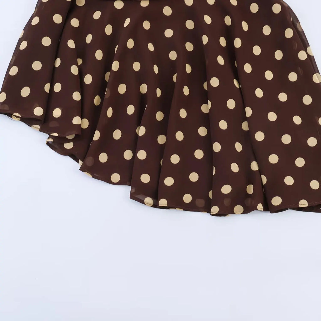 Women's Fashion Polka Dot Skirt Dark Brown Polka Dot Hem Skirt High Waist Ruffle Flowy Mini Skirt Casual Elegant Style S00Z