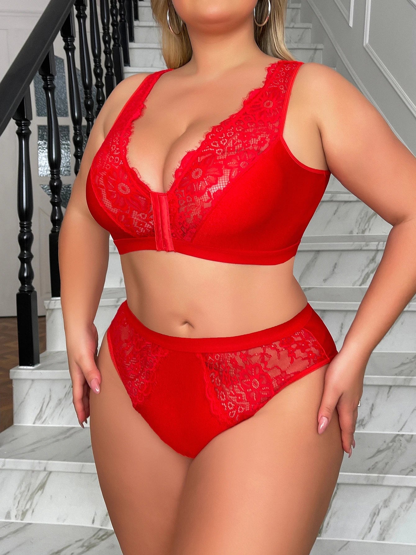 Women’s Sexy Embroidered Lingerie Set, Plus Size Front-Closure Minimizer Bra, Supportive Side-Smoothing Underwear
