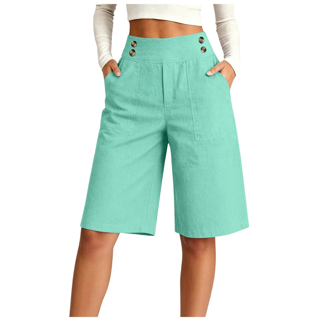 Women's High Waist Cotton Linen Bermuda Shorts Double Breasted Wide Leg Casual Shorts With Pockets Loose Fit Office Summer Short