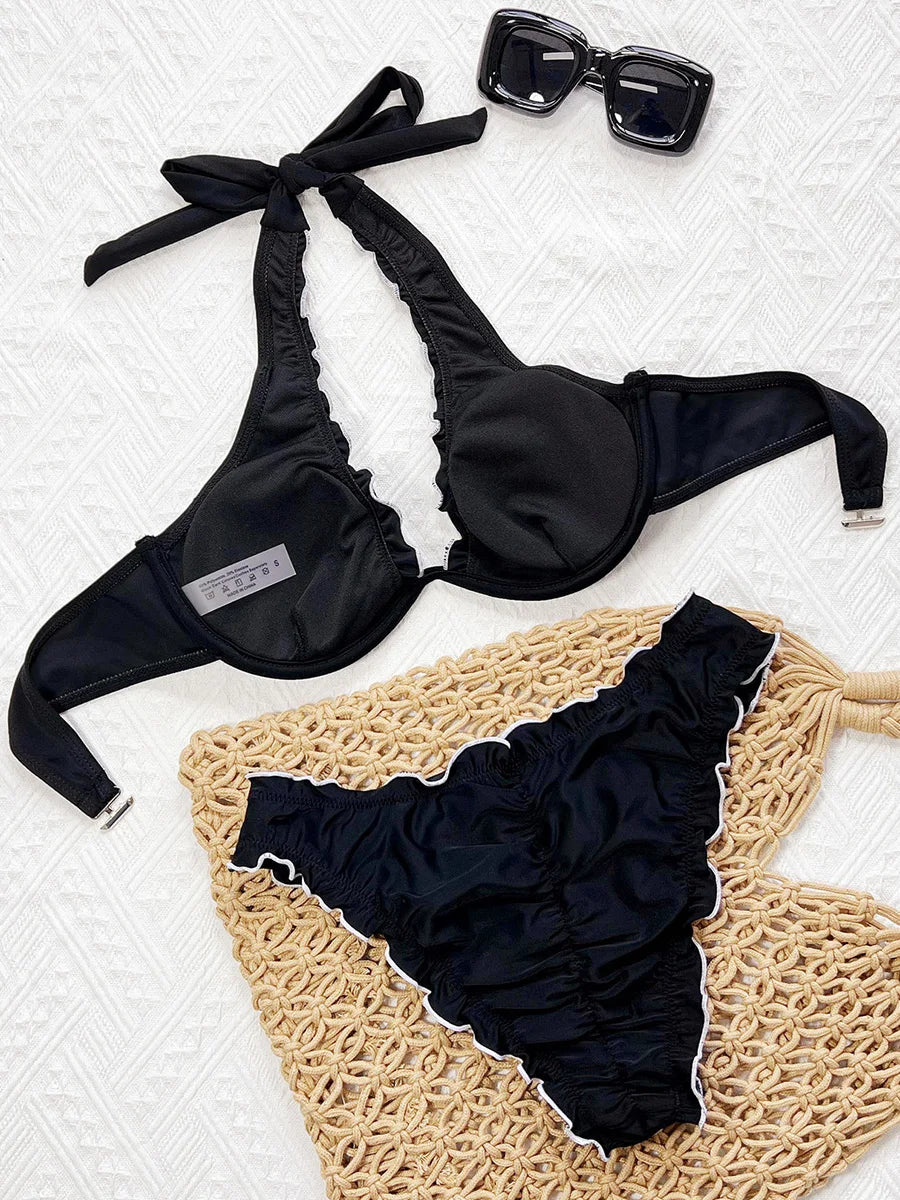 Ruffled Frilled Halter Underwired V-bar Bikini Women Swimsuit Female Swimwear Two-pieces Bikini Set Brazilian Bathing Suit Swim