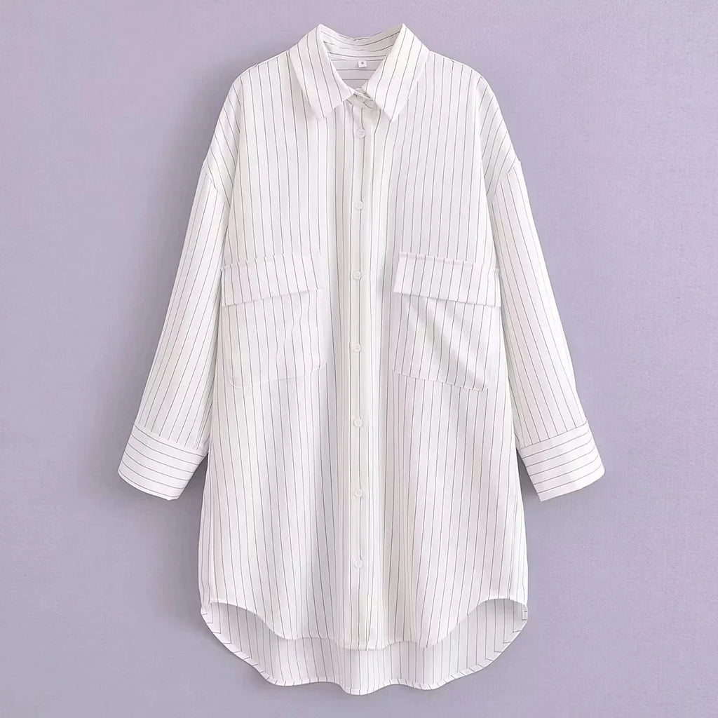 Foridol White Stripe Shirt Dress Women Autumn Spring Slit Casual Oversize Single Breasted Turn Down Collar Short Summer Dress