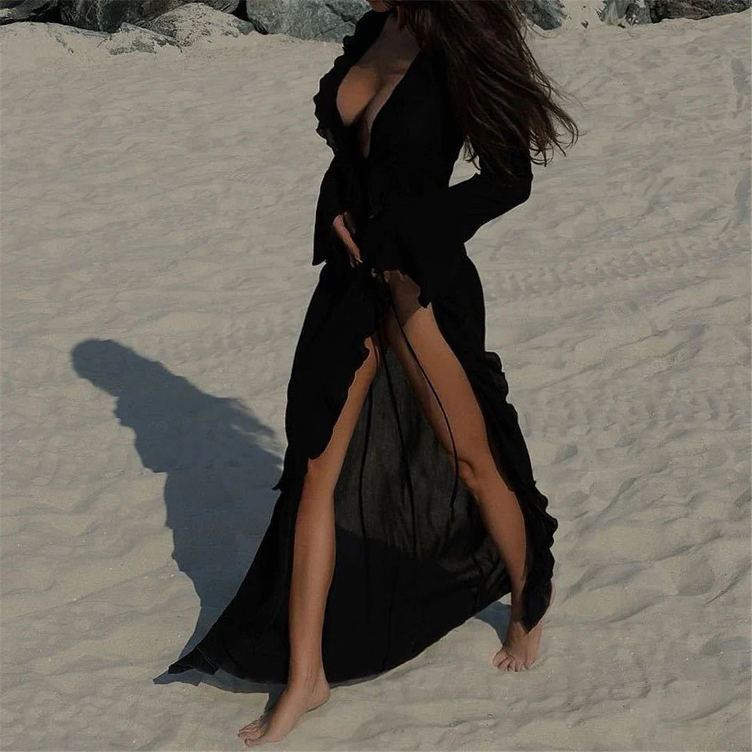 Women's V Neck Ruffled Long Sleeve Dress Chiffon Tunic Beach Cover Up Cover-ups Beach Dress Sunscreen Beachwear Vacation V5976B