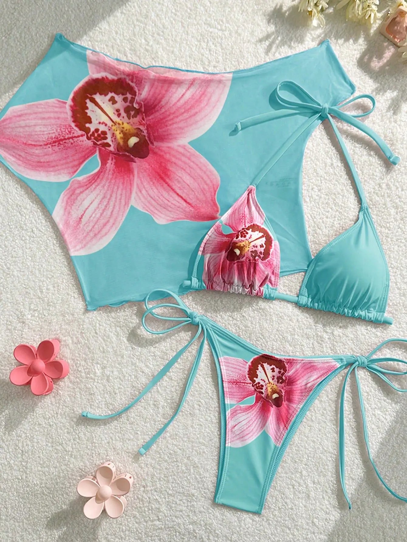 Sexy Pink Floral Print Short Sleeve Cover Up 3 Piece Bikini Set 2026 Women Push Up Thong Swimsuit Holiday Bathing Suit Swimwear