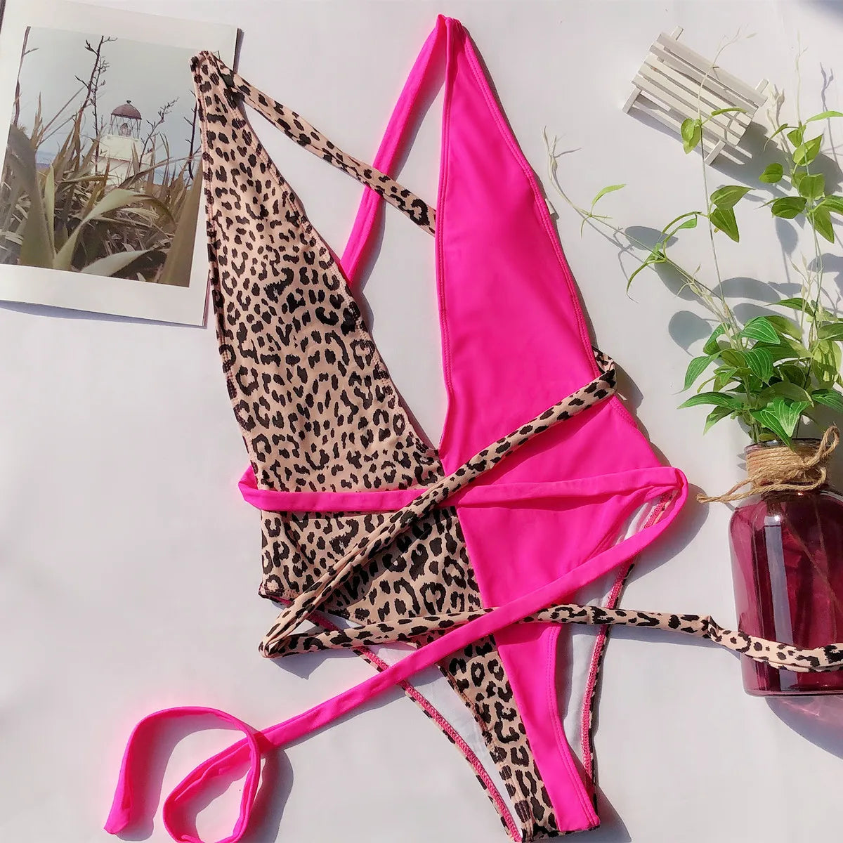 Sexy One Piece Swimsuit Swimwear Women Leopard Patchwork Cross Long Straps Deep V-neck Bathing Suit Beach Banadores Mujer 2026