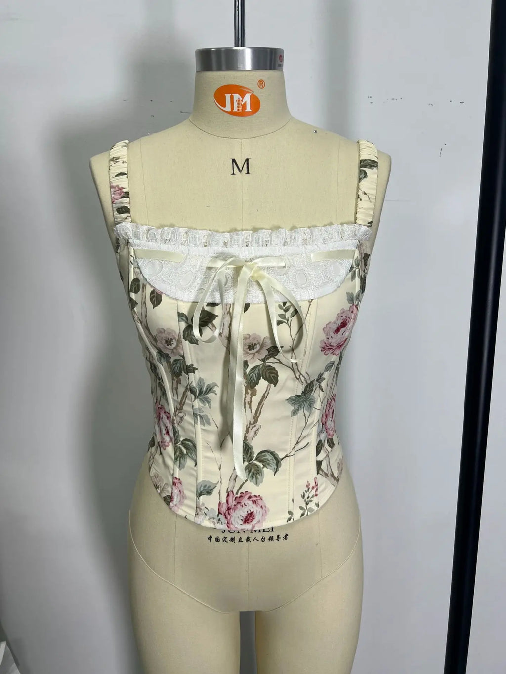 Countryside Style Floral Print Camisole Women Lace Front Tie Slim Fishbone Tank Top Summer Y2K Chic Lady Corset Streetwear