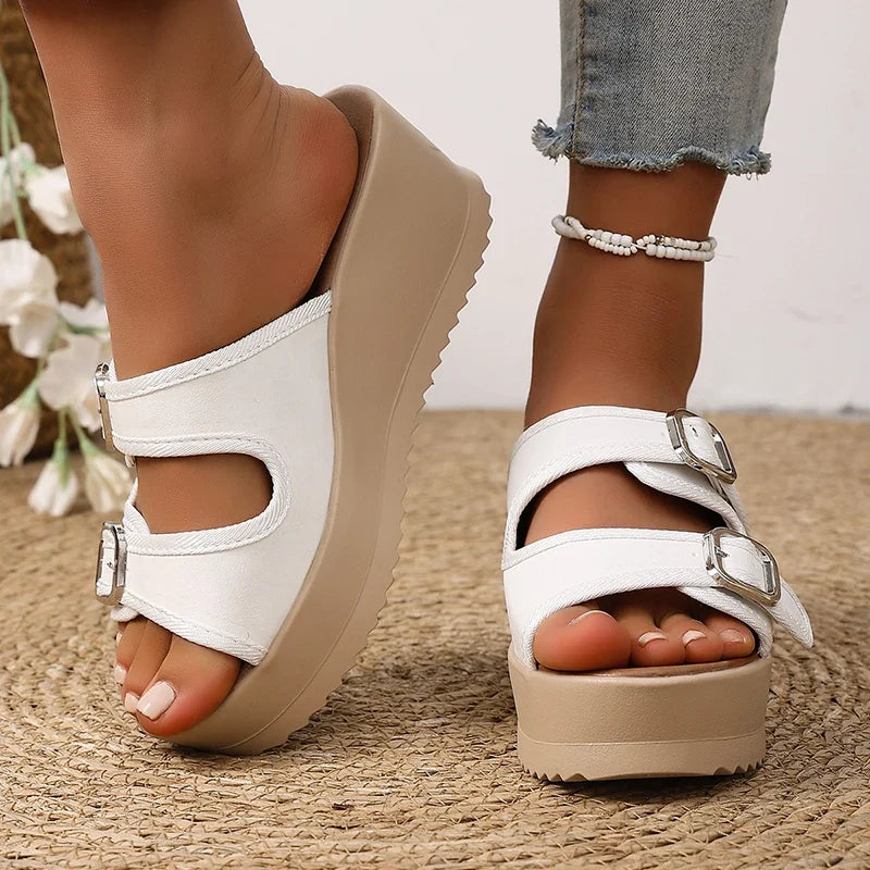 Summer Women's Chunky Platform Sandals 2026 Thick Bottom Wedges Slippers Women Plus Size 43 Double Buckle Casual Sandles Woman