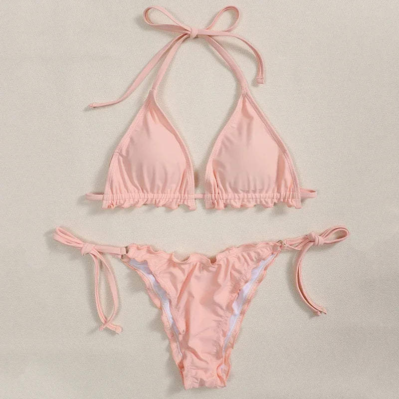 Ribbed Ruffled Frilled Brazilian Bikini Women Swimsuit Female Swimwear Two Pieces Bikini Set Halter String Bathing Suit Swim