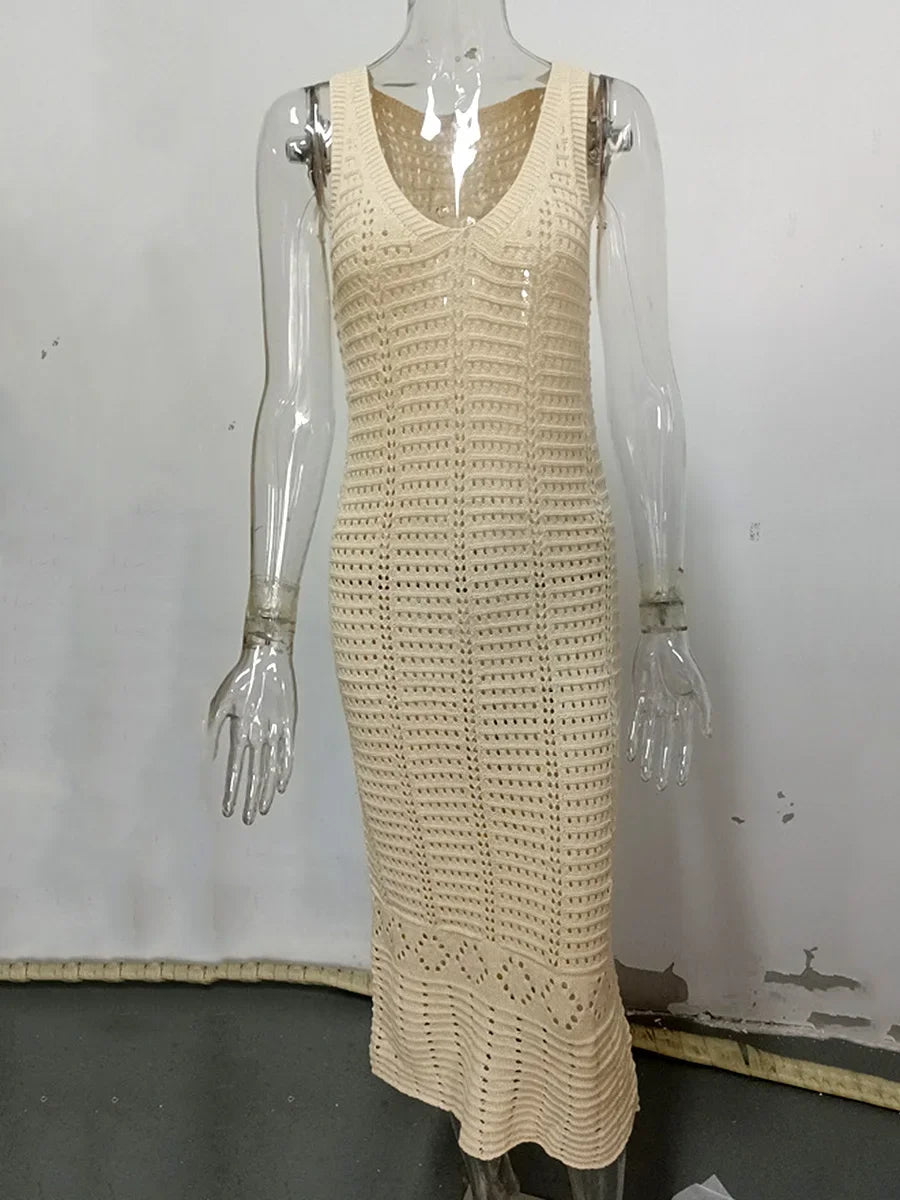 S - XL 2025 V Neck Hollow Out Crochet Knitted Tunic Beach Cover Up Long Cover-ups Beach Dress Beach Wear Beachwear Female Women
