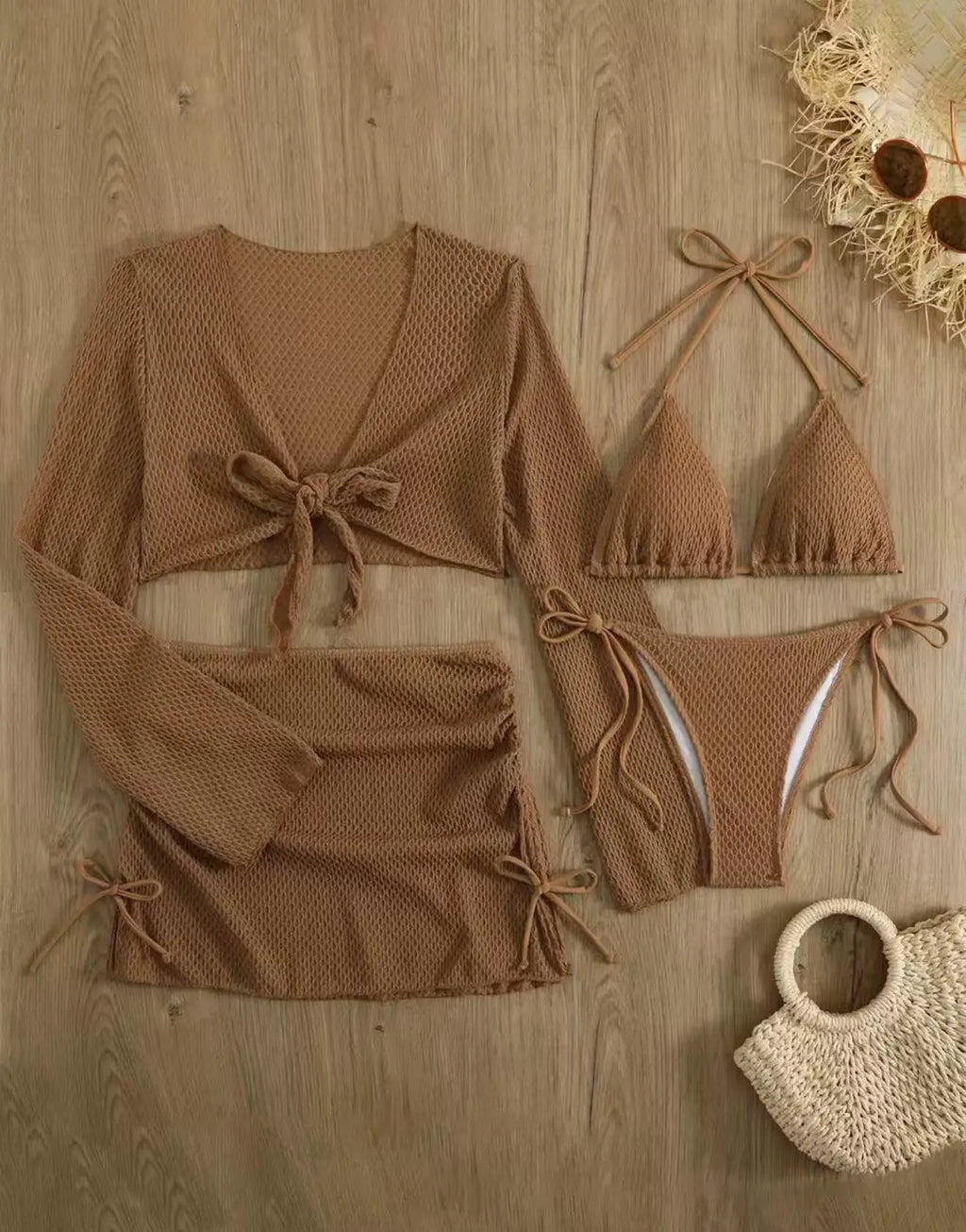 Sexy White Red Swimwear Women 2026 Long Sleeve Cover Up Drawstring Skirt 4 Piece Swimsuit Beach Bathing Suit Holiday Swimsuit