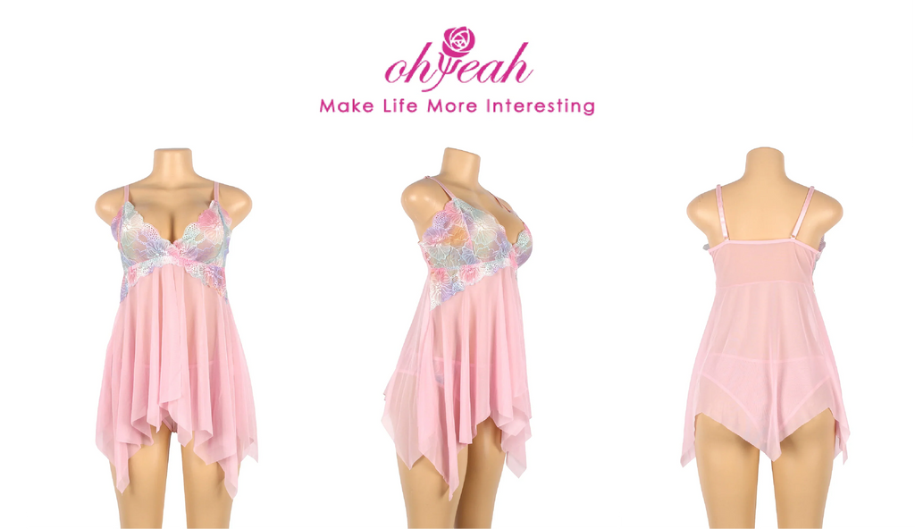 Pink Mesh Print Lace Sleep Dress for Women See Through Midi Nightgown with Panties Plus Size S-4XL