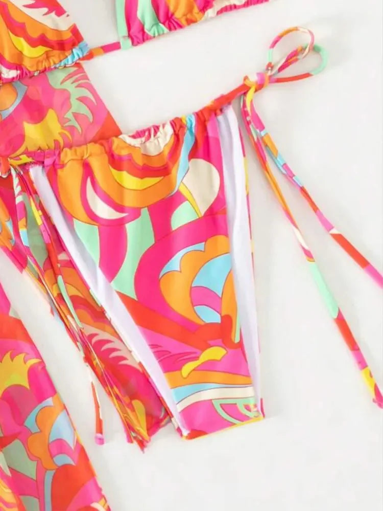 4 PCS Printed With Cover Up Hairband Bikini Female Swimsuit Women Swimwear Four-pieces Bikini set Bather Bathing Suit Swim Lady